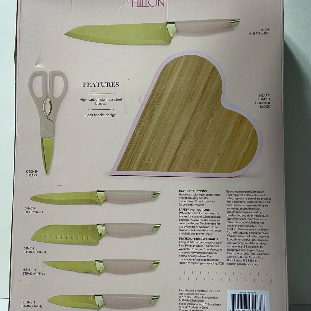 Paris Hilton 10-Piece Heart-Shaped Stainless Steel Knife Block Set, Pink NWT